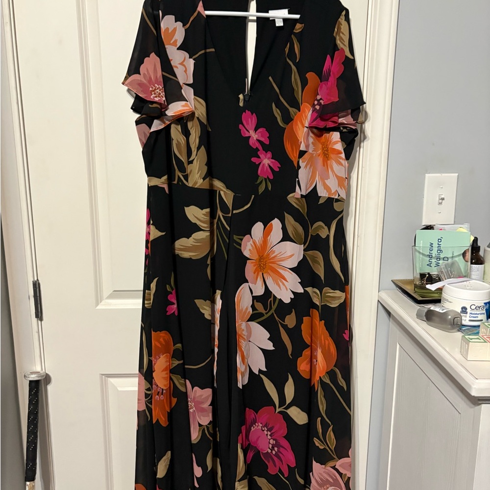 Avenue Black Maxi Dress with Pink and Orange Floral Design with pants